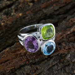 Multi Stone Trilogy French Sterling Silver multicolor Gemstone Eye catching Cocktail Ring Jewellery