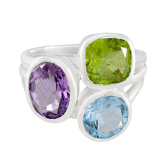 Multi Stone Trilogy French Sterling Silver multicolor Gemstone Eye catching Cocktail Ring Jewellery