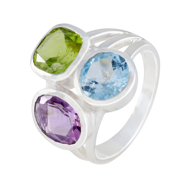 Multi Stone Trilogy French Sterling Silver multicolor Gemstone Eye catching Cocktail Ring Jewellery