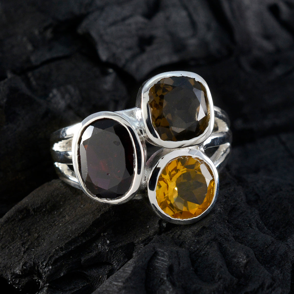 Multi Stone Trilogy German 925 Silver multicolor Gemstones Eye catching Cocktail Ring Jewelry