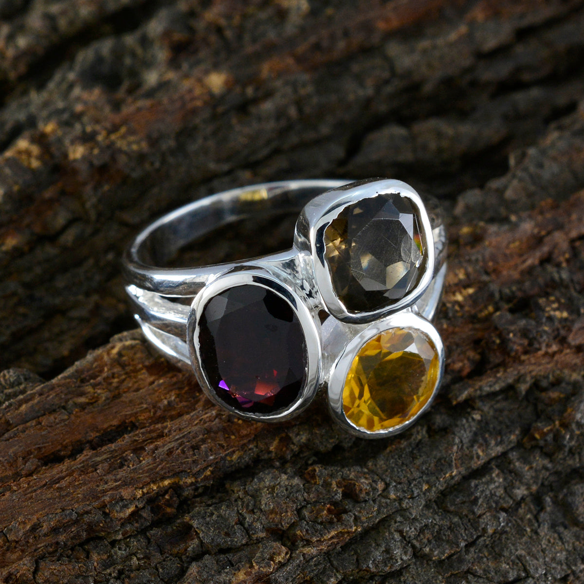 Multi Stone Trilogy German 925 Silver multicolor Gemstones Eye catching Cocktail Ring Jewelry