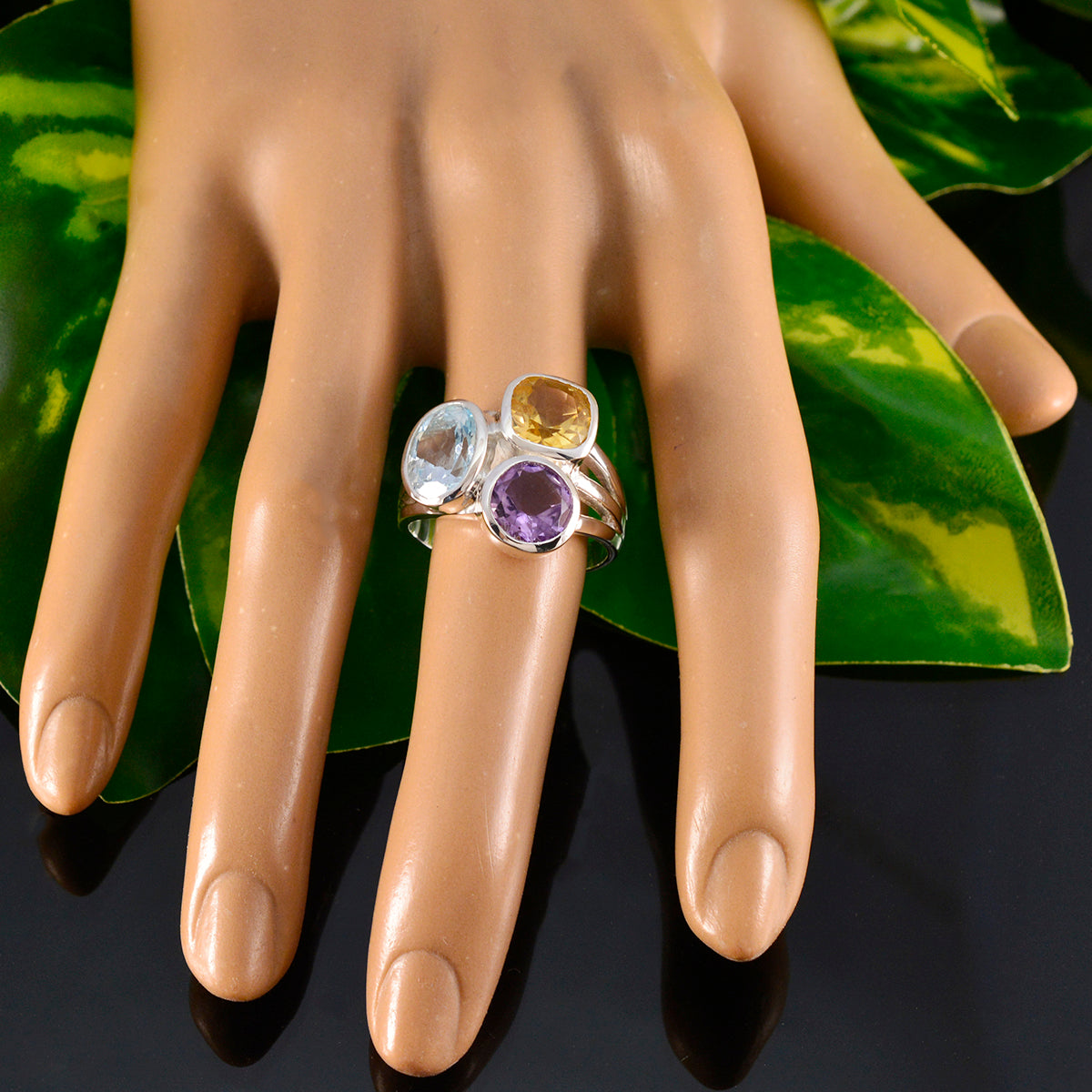 Multi Stone Trilogy Indian 92.5 Silver multicolor Gems Eye catching Cocktail Ring Jewellery