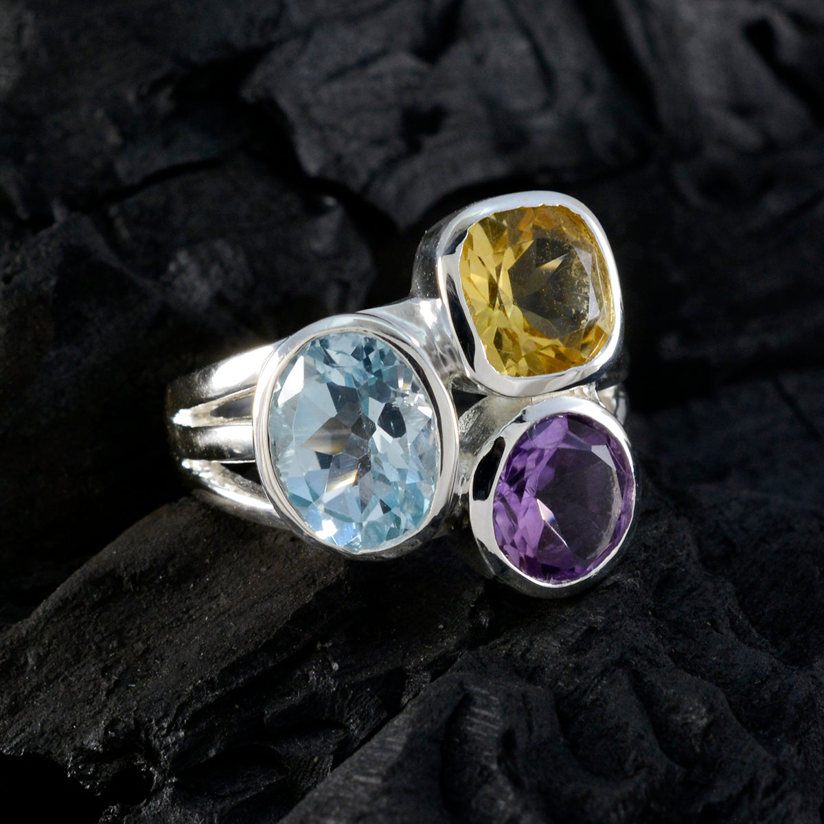 Multi Stone Trilogy Indian 92.5 Silver multicolor Gems Eye catching Cocktail Ring Jewellery