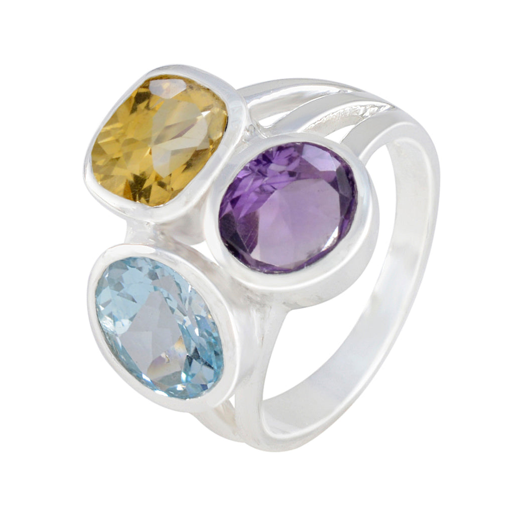 Multi Stone Trilogy Indian 92.5 Silver multicolor Gems Eye catching Cocktail Ring Jewellery