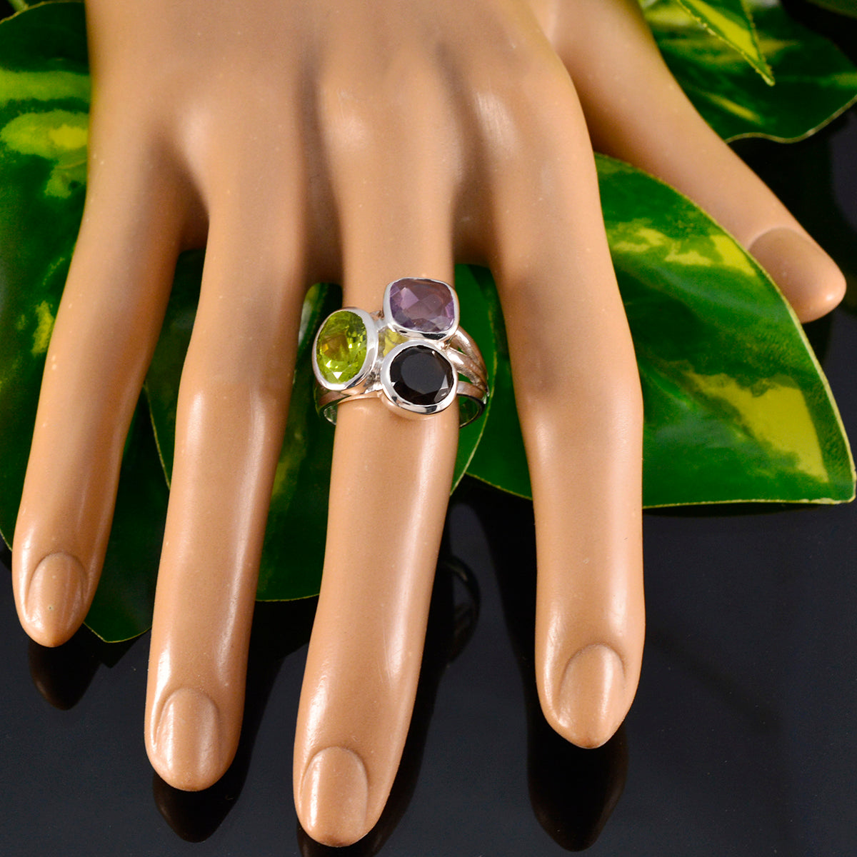 Multi Stone Trilogy African 925 Sterling Silver multicolor Gemstone Eye catching Cocktail Ring Jewelry