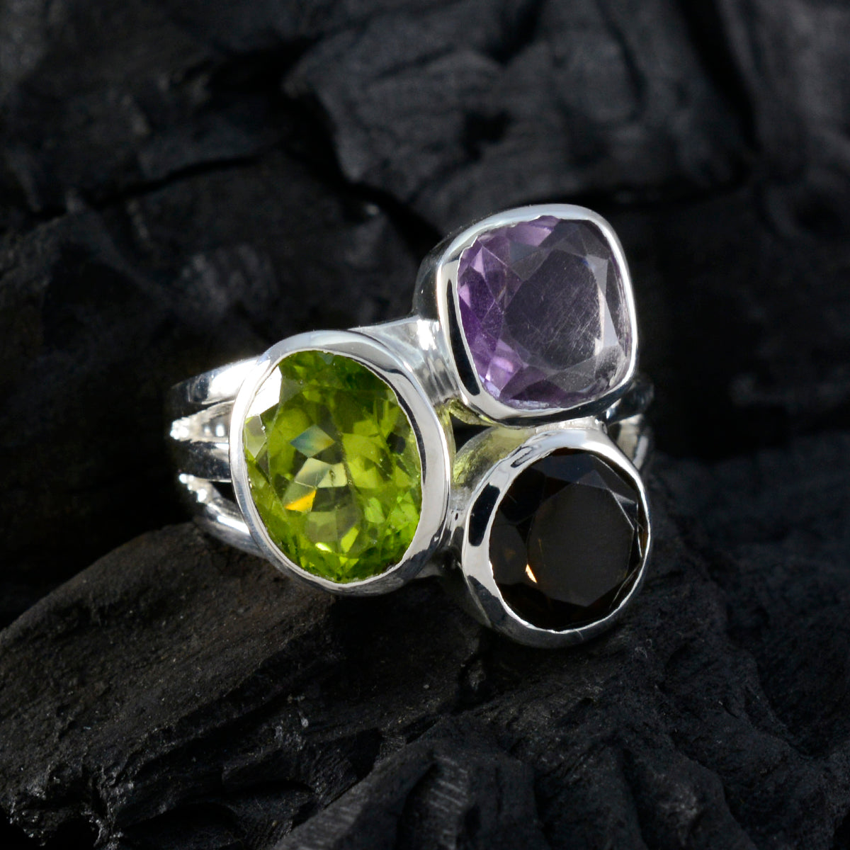 Multi Stone Trilogy African 925 Sterling Silver multicolor Gemstone Eye catching Cocktail Ring Jewelry