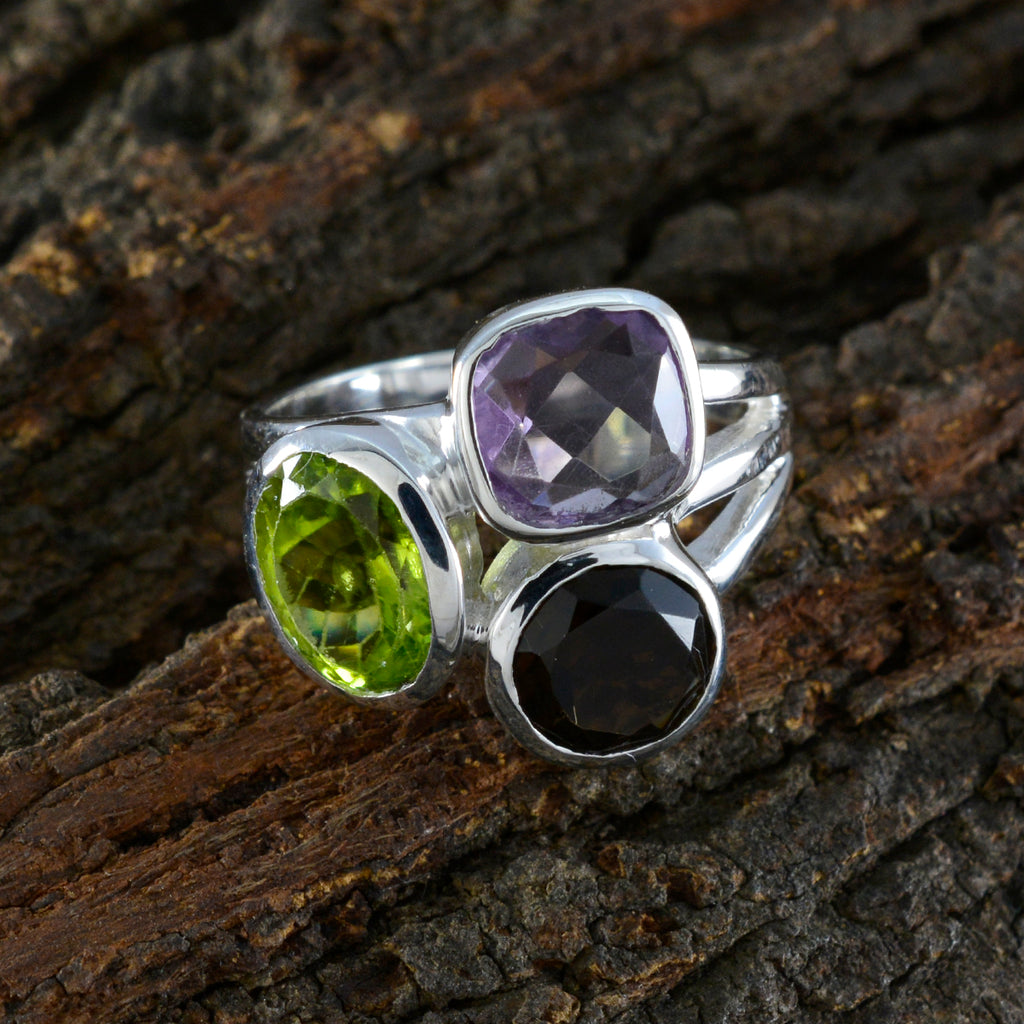 Multi Stone Trilogy African 925 Sterling Silver multicolor Gemstone Eye catching Cocktail Ring Jewelry