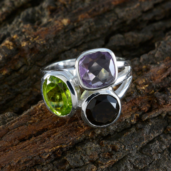 Multi Stone Trilogy African 925 Sterling Silver multicolor Gemstone Eye catching Cocktail Ring Jewelry