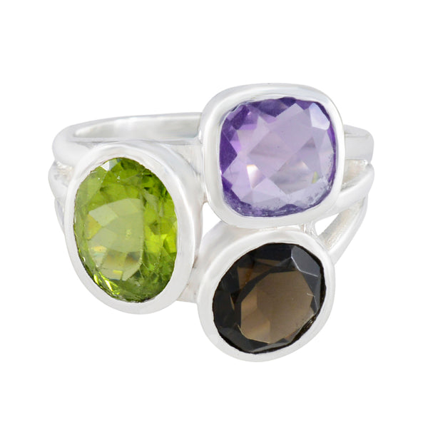 Multi Stone Trilogy African 925 Sterling Silver multicolor Gemstone Eye catching Cocktail Ring Jewelry
