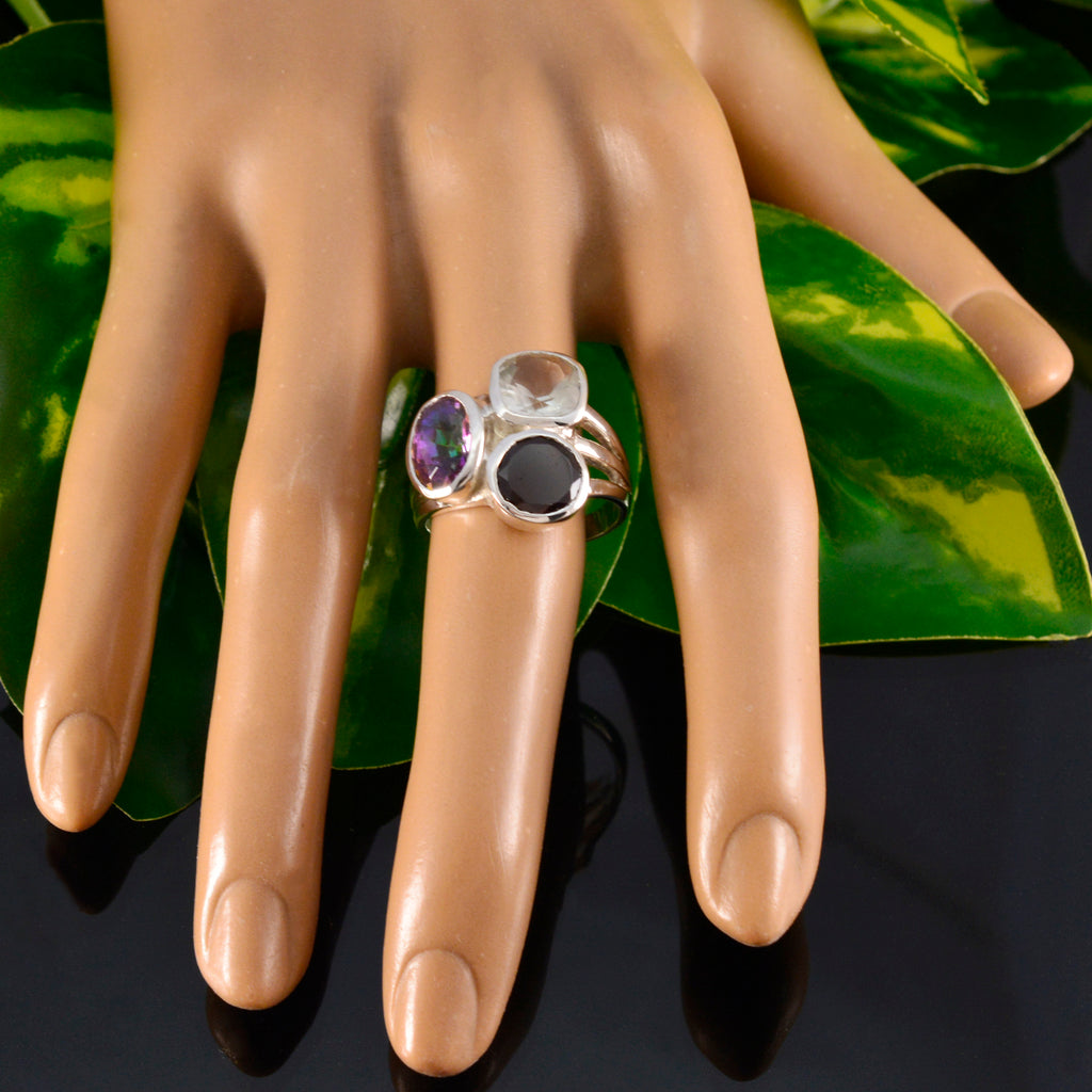 Multi Stone Trilogy Russian Silver multicolor Gemstones Eye catching Cocktail Ring Jewellery
