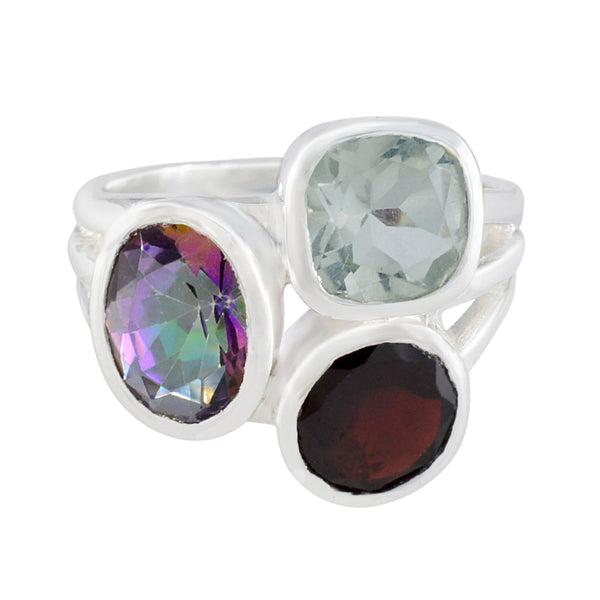 Multi Stone Trilogy Russian Silver multicolor Gemstones Eye catching Cocktail Ring Jewellery