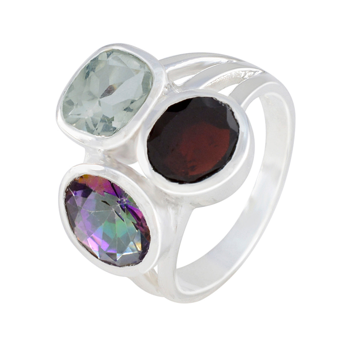 Multi Stone Trilogy Russian Silver multicolor Gemstones Eye catching Cocktail Ring Jewellery
