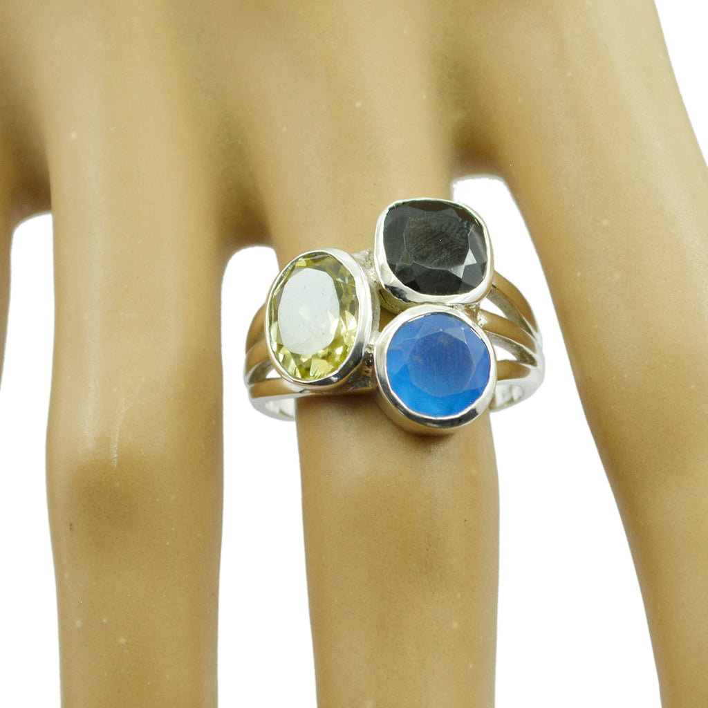 Multi Stone Trilogy Moroccan 925 Sterling Silver multicolor Gemstones Mid weight Cocktail Ring Jewelry