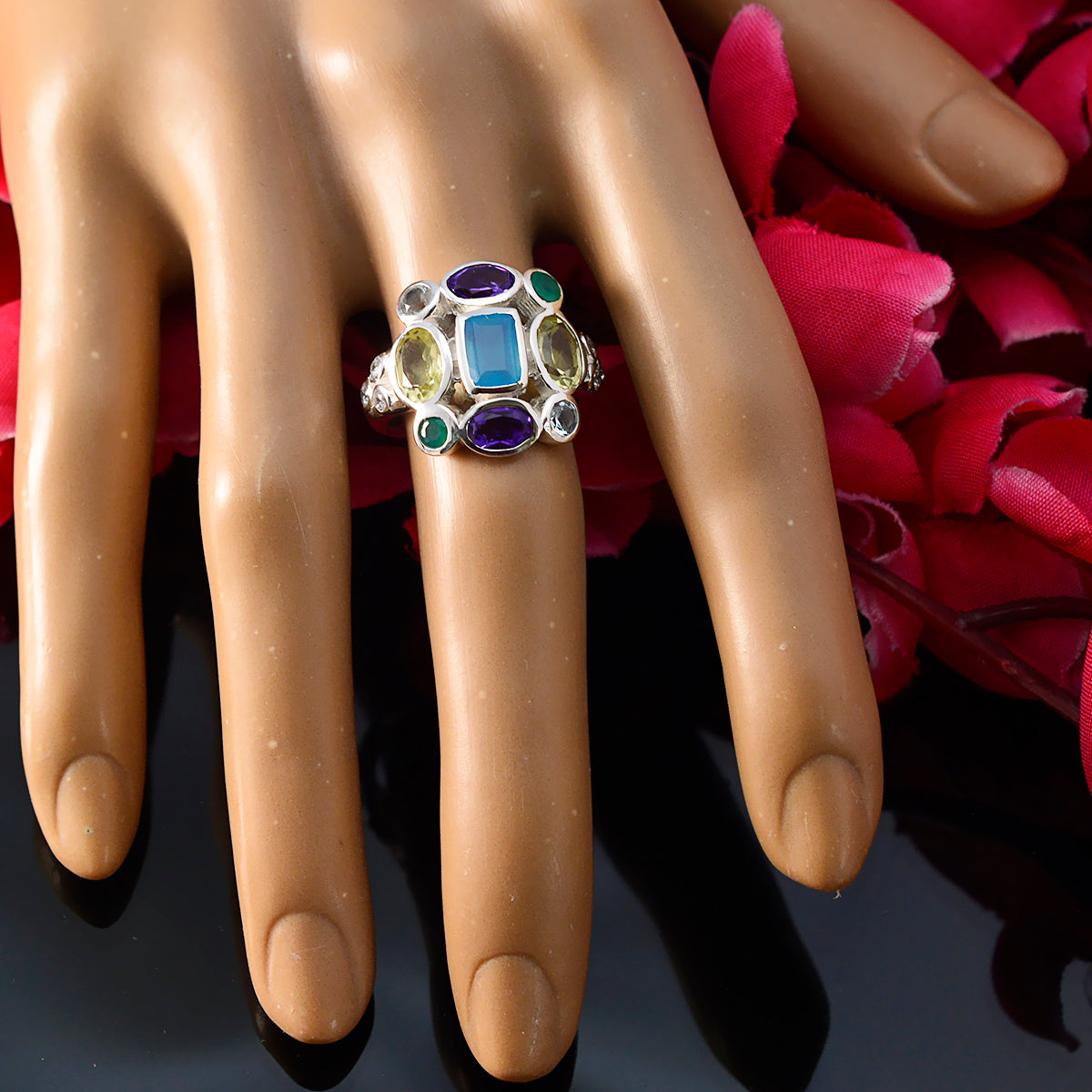 Multi Stone Navratna German 92.5 Silver multicolor Gems Classic Cocktail Ring Jewelry