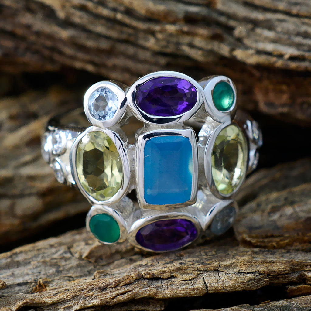 Multi Stone Navratna German 92.5 Silver multicolor Gems Classic Cocktail Ring Jewelry