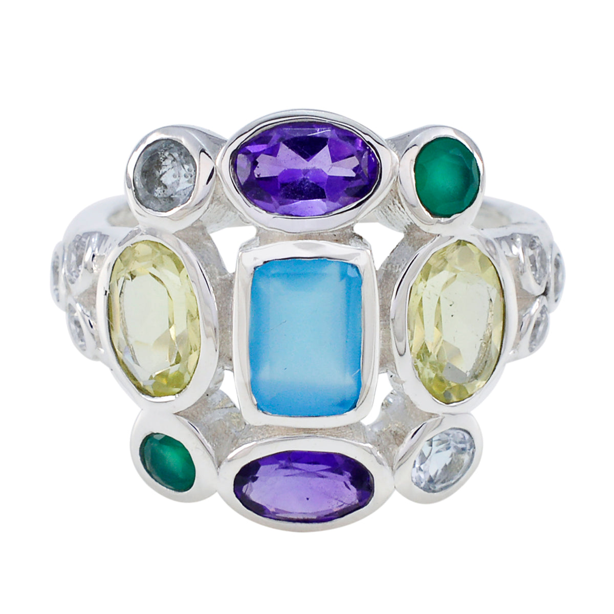 Multi Stone Navratna German 92.5 Silver multicolor Gems Classic Cocktail Ring Jewelry Immagine principale del prodotto