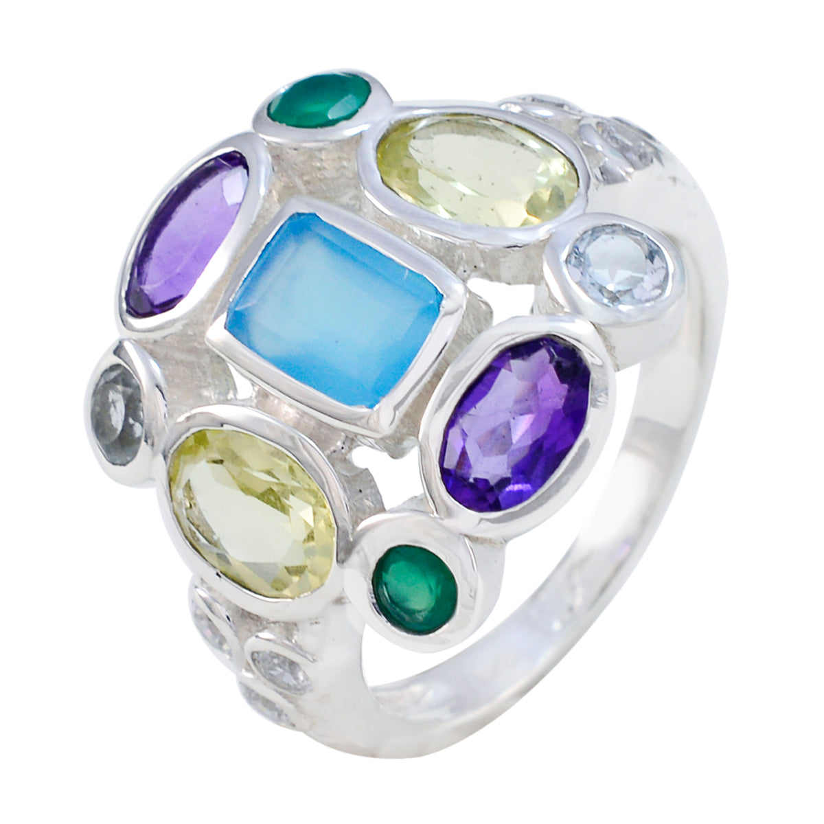 Anello da cocktail classico con gemme multicolori in argento 92,5 tedesco Navratna multi pietra Immagine secondaria del prodotto