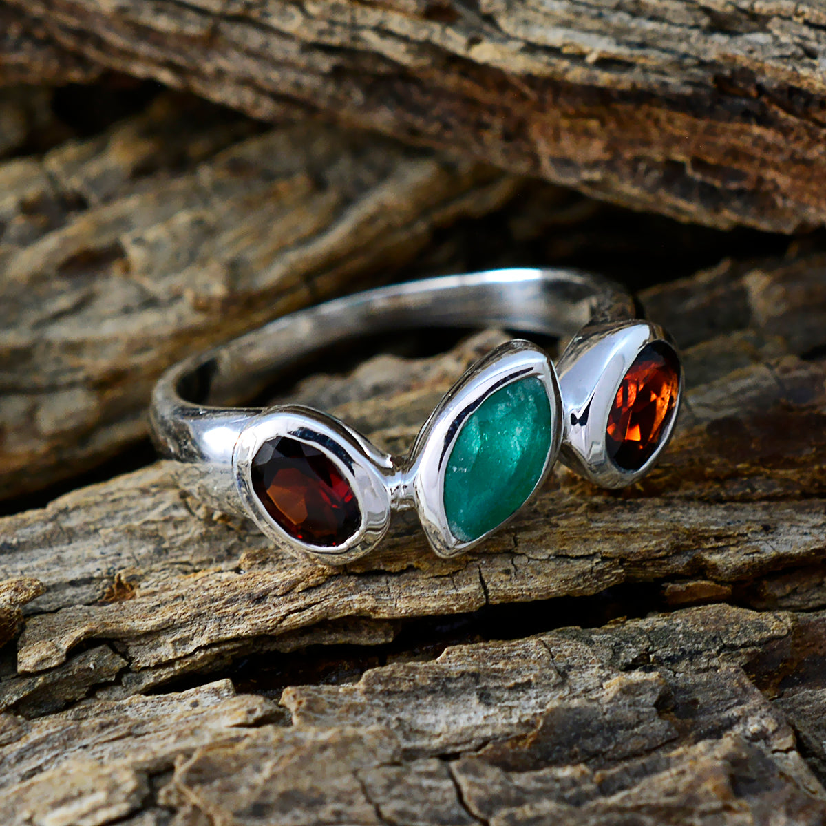 Multi Stone Trilogy African 925 Sterling Silver multicolor Gems Minimal Cultural Ring Jewellery