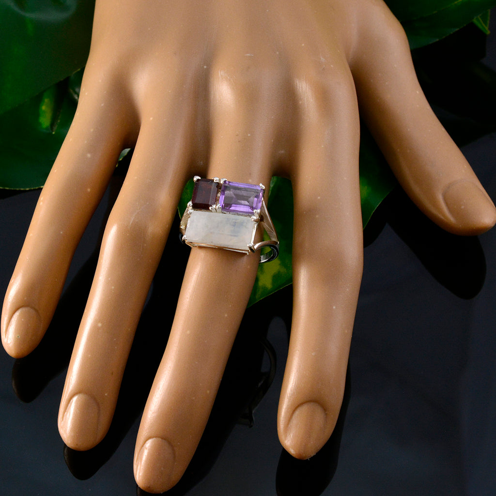Multi Stone Trilogy German Sterling Silver multicolor Gems Classic Trendy Ring Jewellery