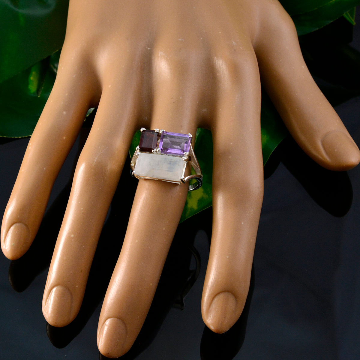 Multi Stone Trilogy German Sterling Silver multicolor Gems Classic Trendy Ring Jewellery