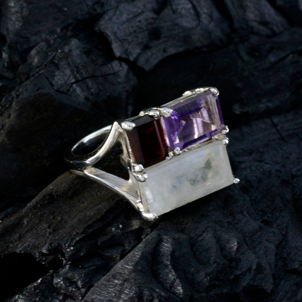 Multi Stone Trilogy German Sterling Silver multicolor Gems Classic Trendy Ring Jewellery