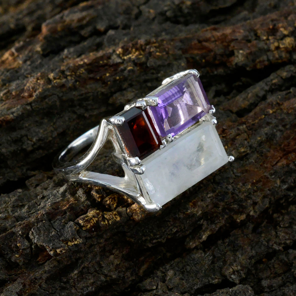 Multi Stone Trilogy German Sterling Silver multicolor Gems Classic Trendy Ring Jewellery