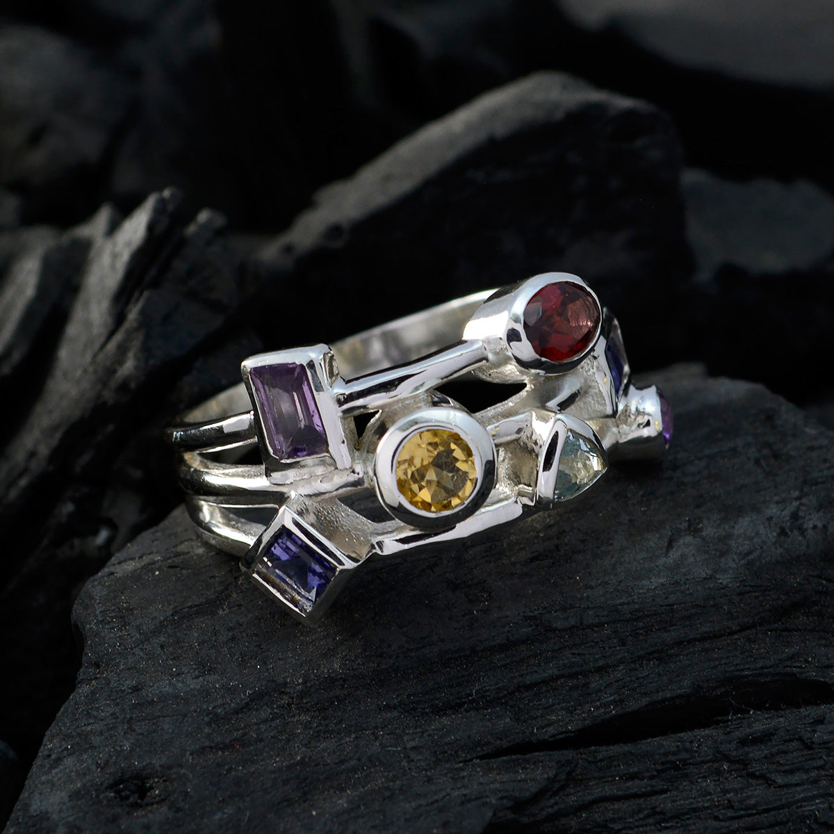 Multi Stone multiple Moroccan Silver multicolor Gemstones Versatile Cocktail Ring Jewellery