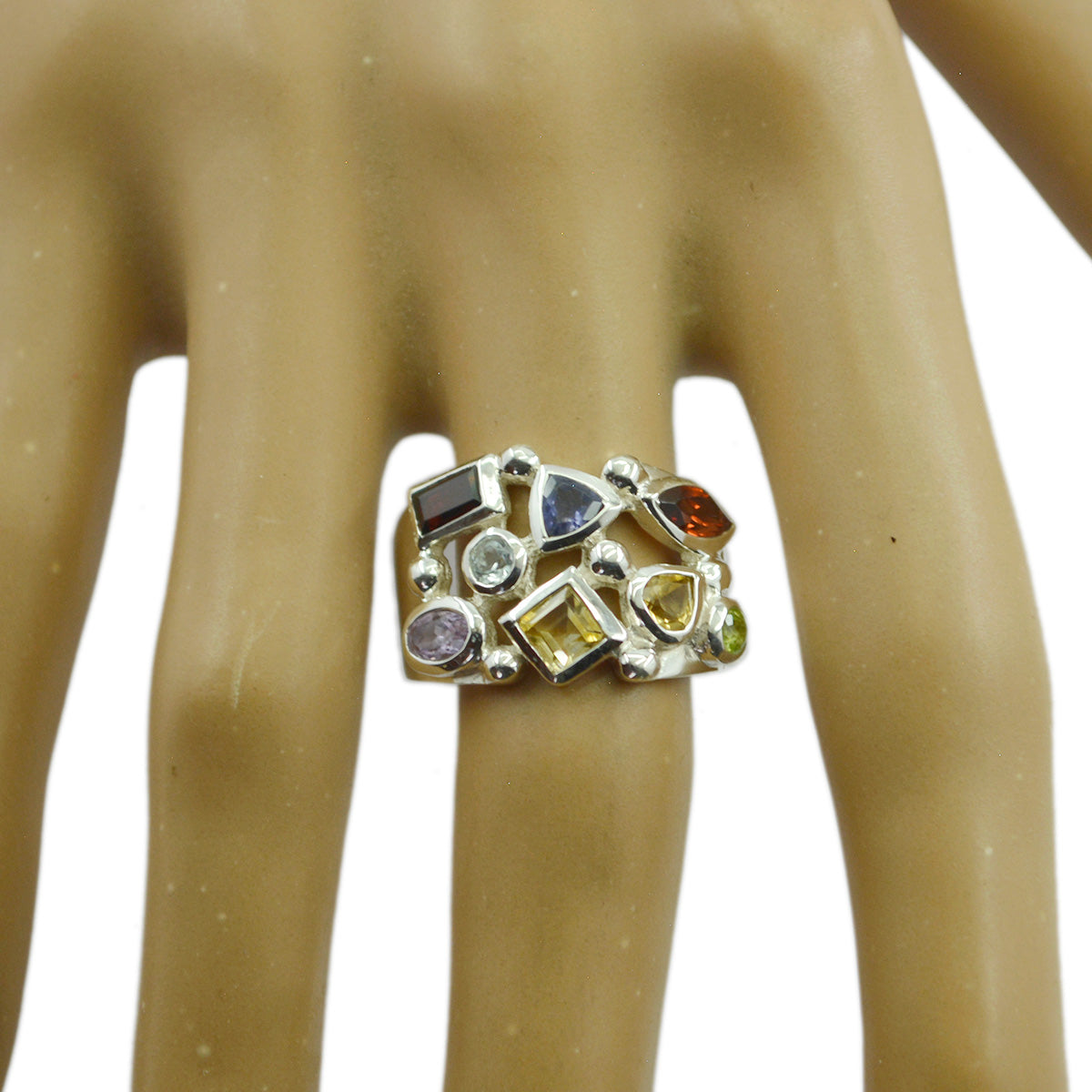 Multi Stone multiple African 925 Silver multicolor Gemstones Eye catching Cocktail Ring Jewellery