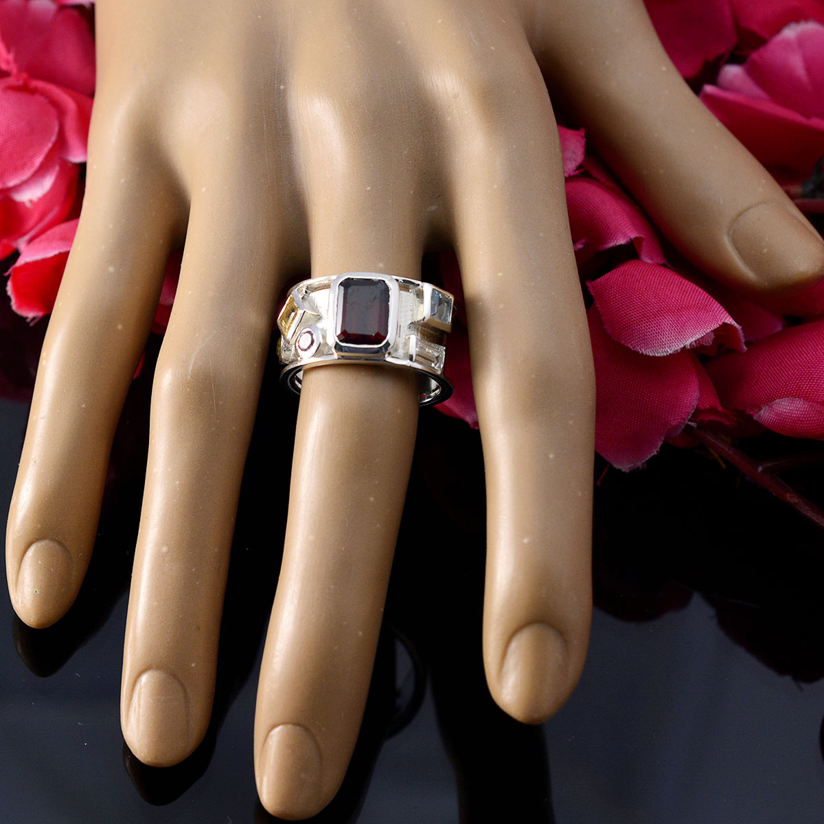 Multi Stone Hexa Egyptian 925 Sterling Silver multicolor Gems Essential  Abstract Band Jewelry