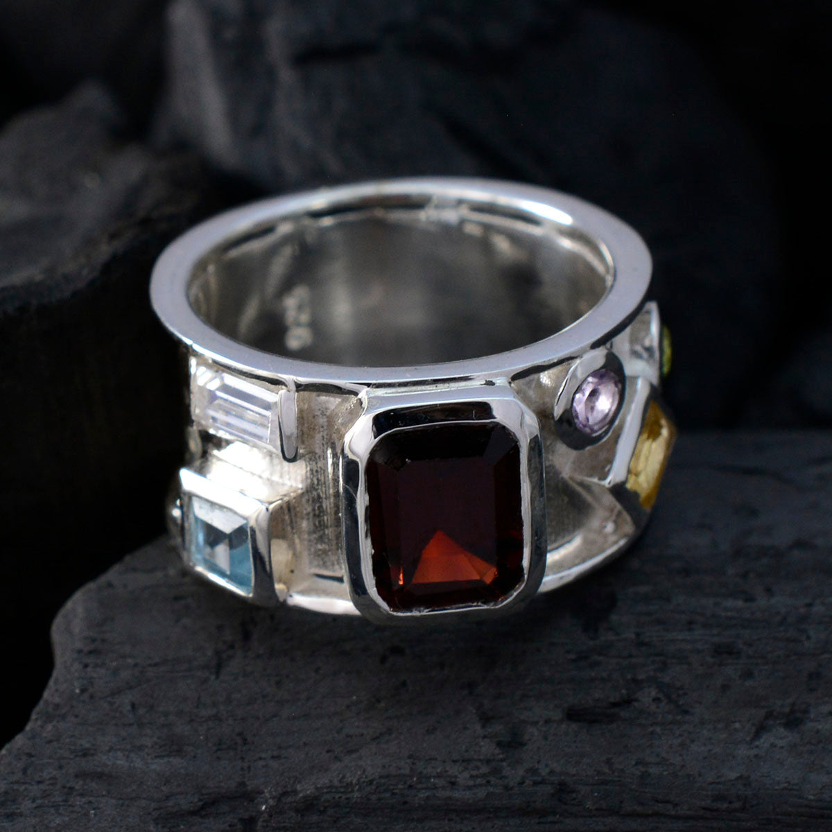 Multi Stone Hexa Egyptian 925 Sterling Silver multicolor Gems Essential  Abstract Band Jewelry