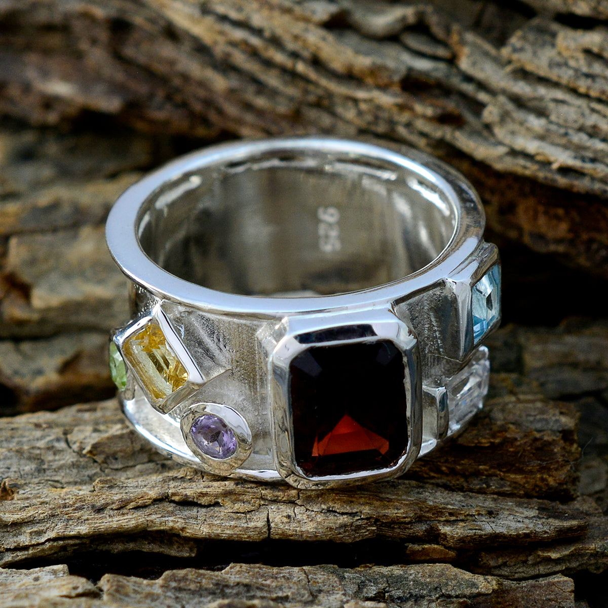 Multi Stone Hexa Egyptian 925 Sterling Silver multicolor Gems Essential  Abstract Band Jewelry