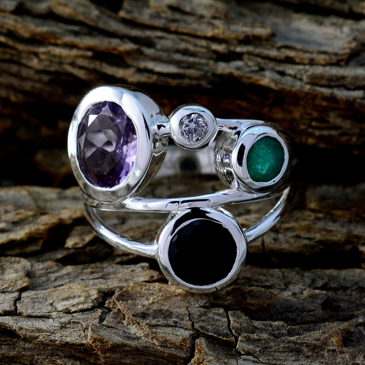 Multi Stone quarter Russian Sterling Silver multicolor Gemstones Minimal Abstract Ring Jewellery