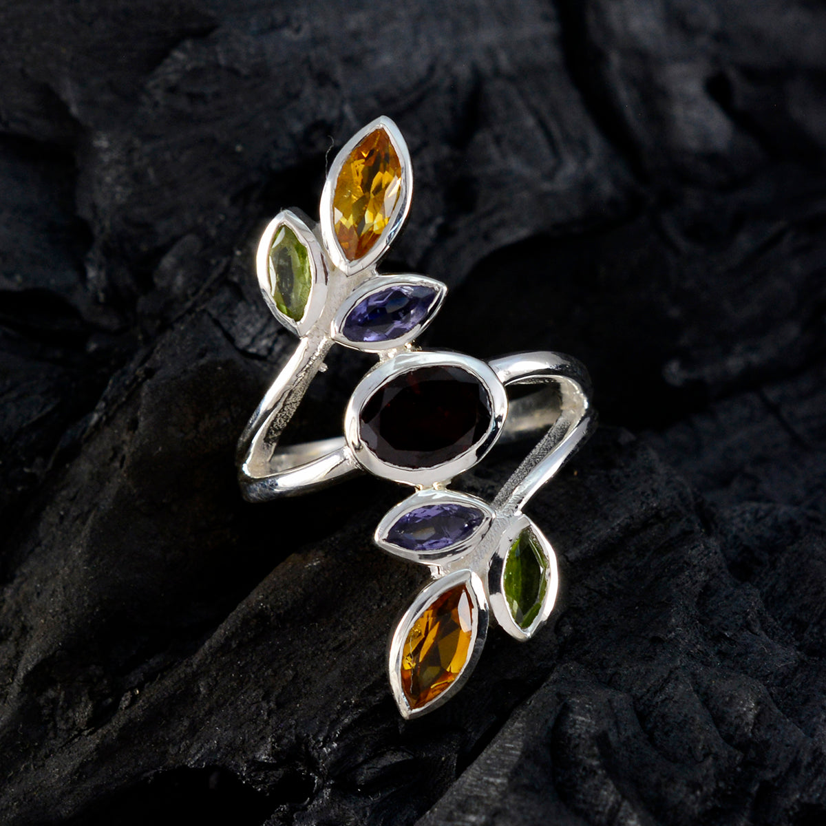 Multi Stone Hepta Egyptian Sterling Silver multicolor Gemstone Mid weight Cocktail Ring Jewellery
