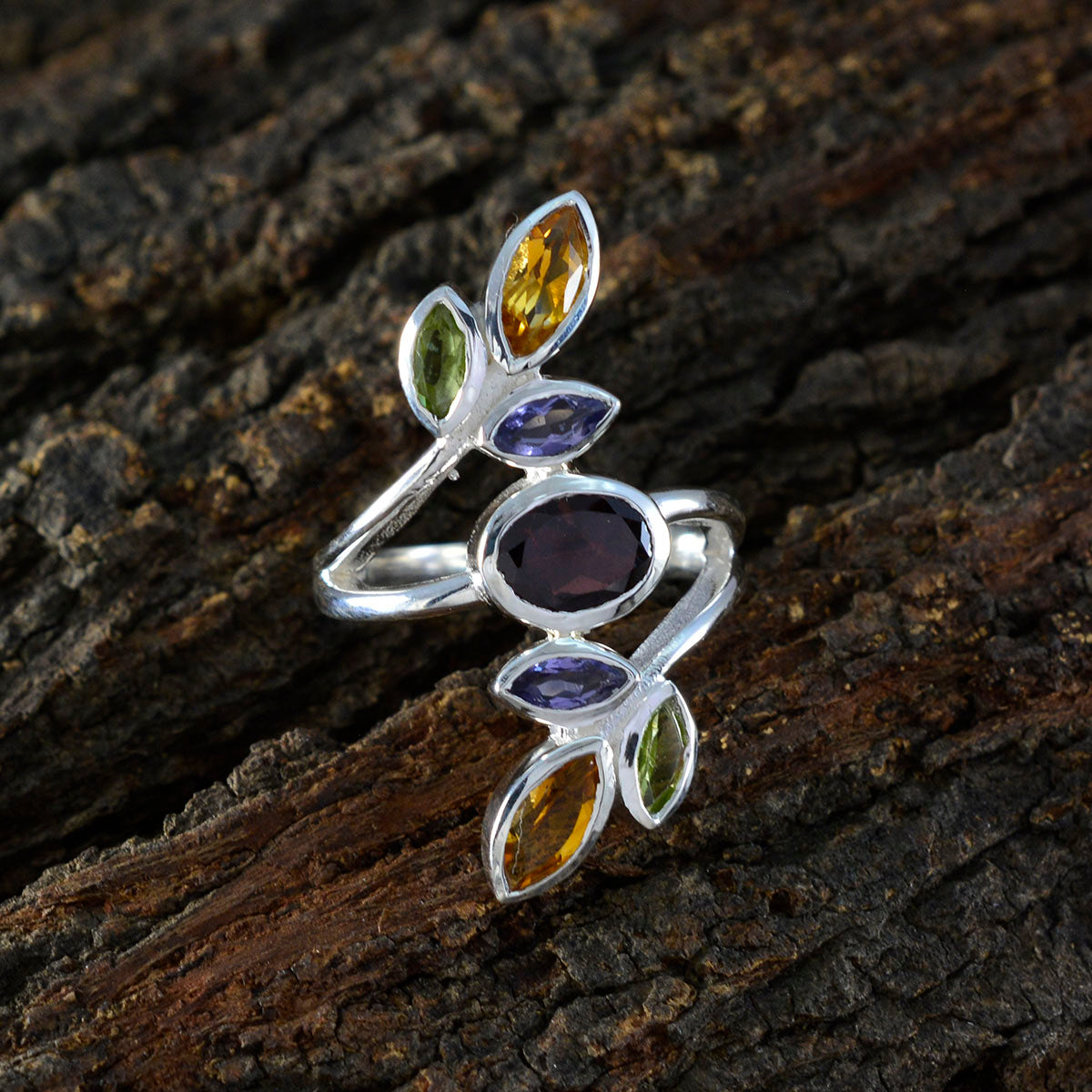 Multi Stone Hepta Egyptian Sterling Silver multicolor Gemstone Mid weight Cocktail Ring Jewellery