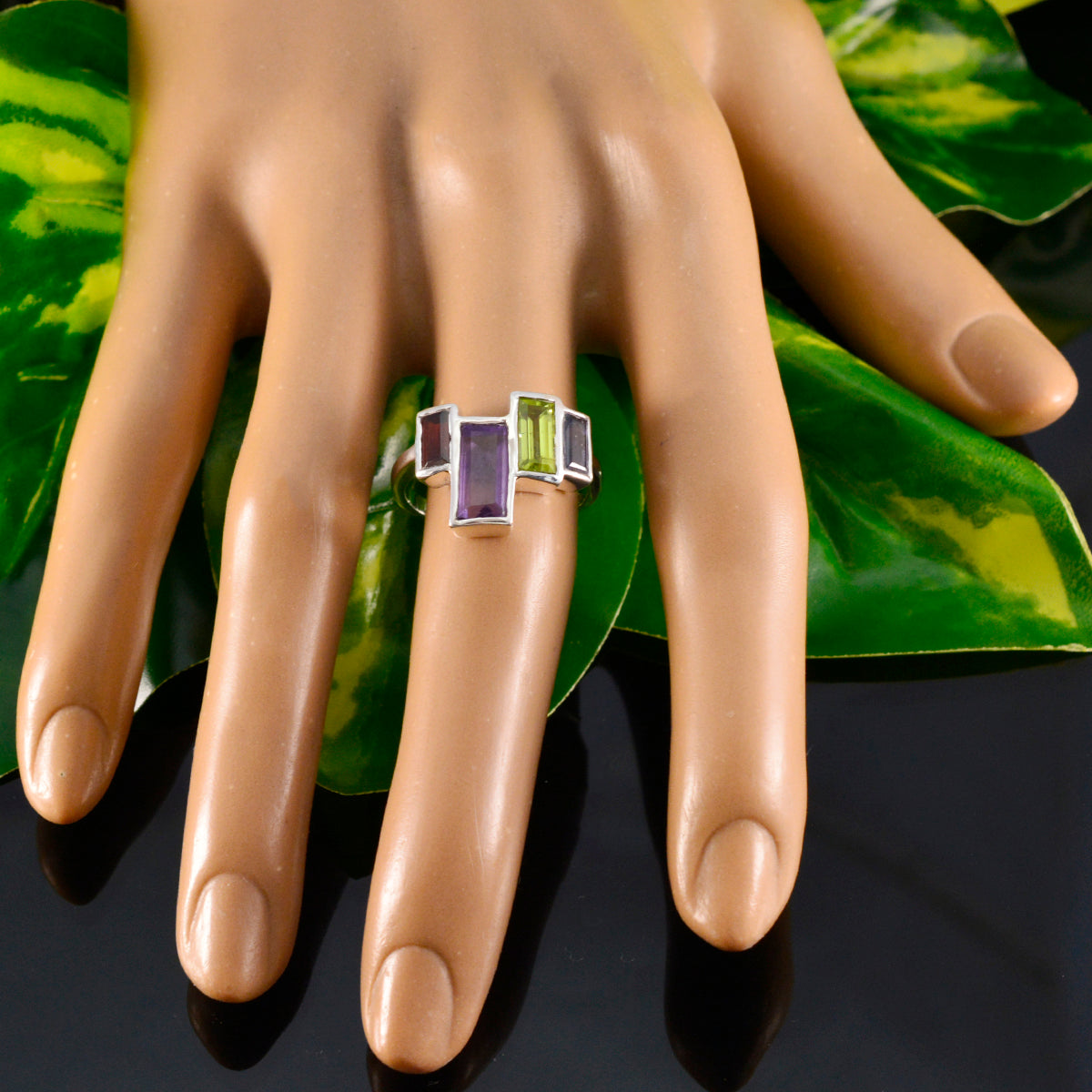 Multi Stone quarter French 925 Sterling Silver multicolor Gems Featherlight Cocktail Ring Jewellery