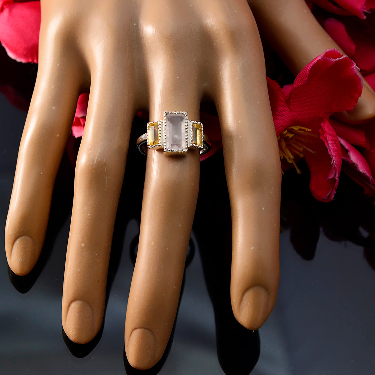 Multi Stone Trilogy French Silver multicolor Gems Featherlight Luxurious Ring Jewelry