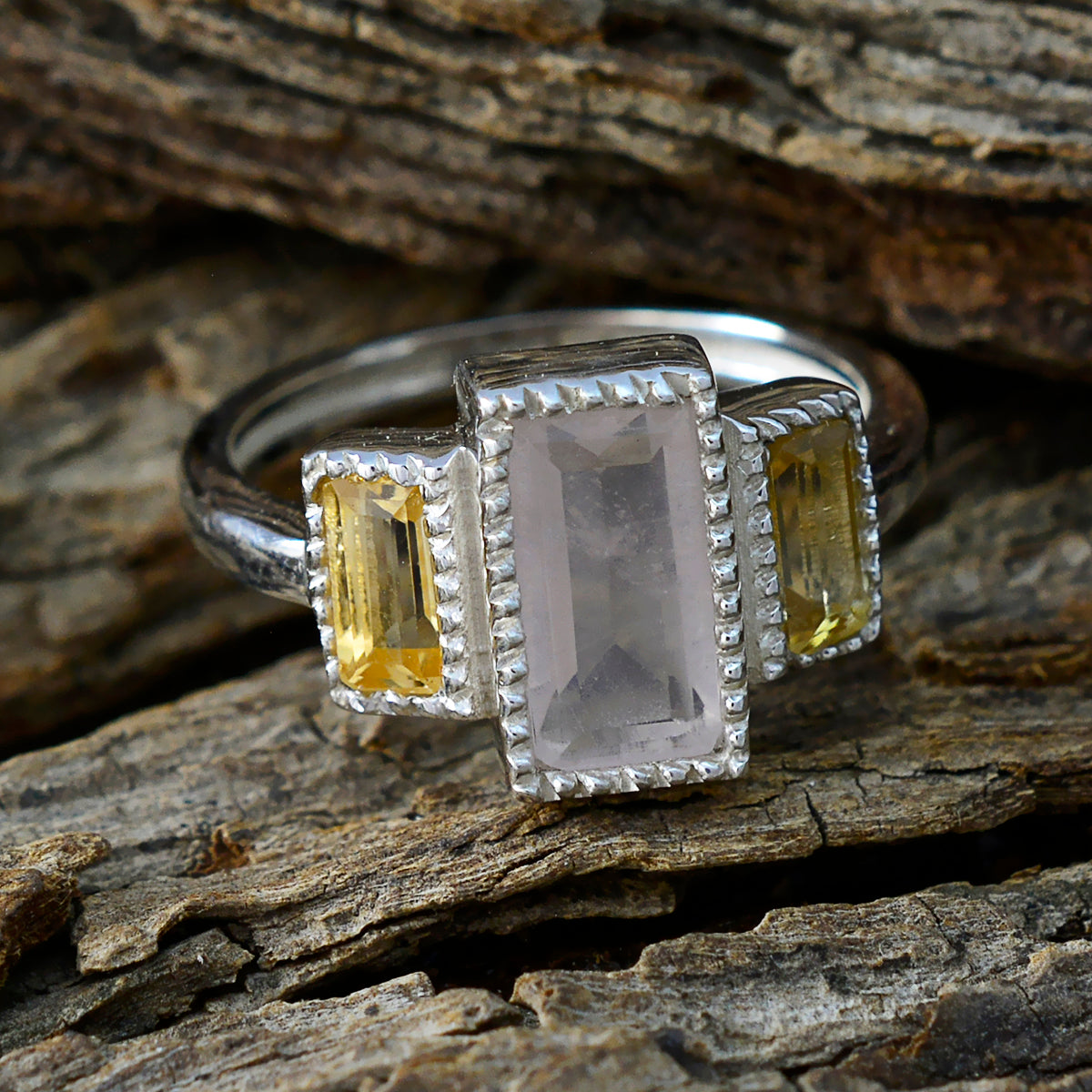 Multi Stone Trilogy French Silver multicolor Gems Featherlight Luxurious Ring Jewelry