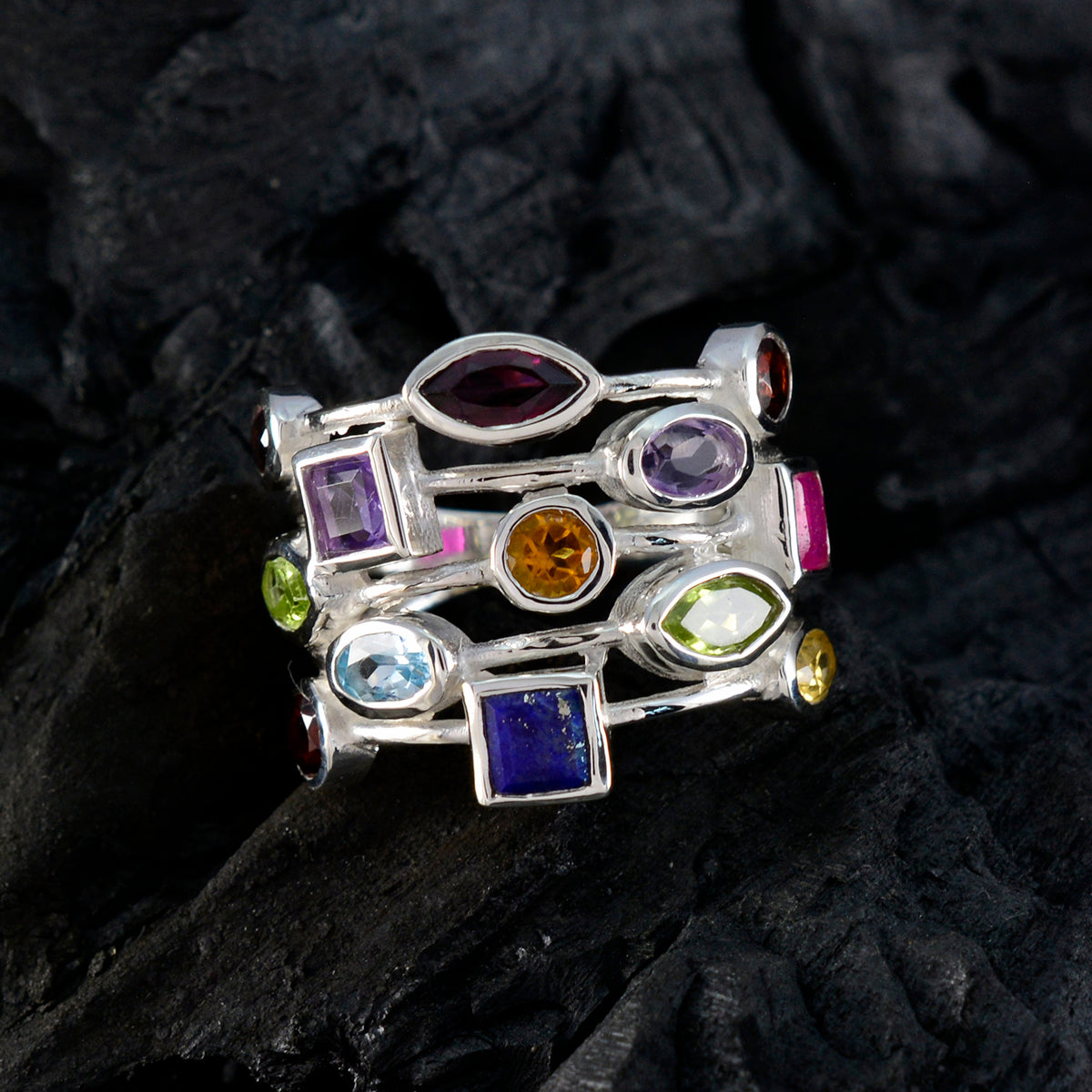 Multi Stone multiple German Silver multicolor Gems Eye catching Cocktail Ring Jewelry