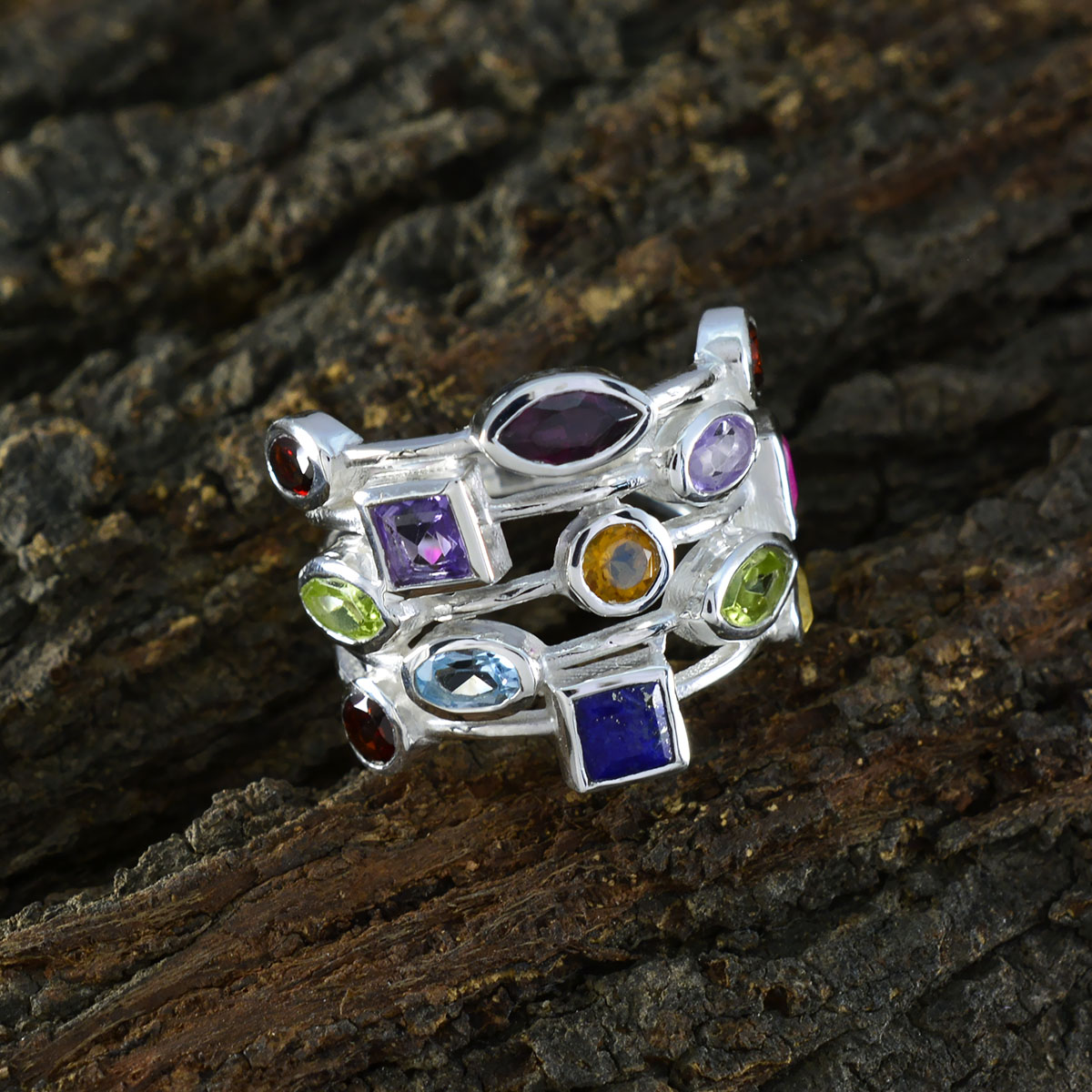 Multi Stone multiple German Silver multicolor Gems Eye catching Cocktail Ring Jewelry