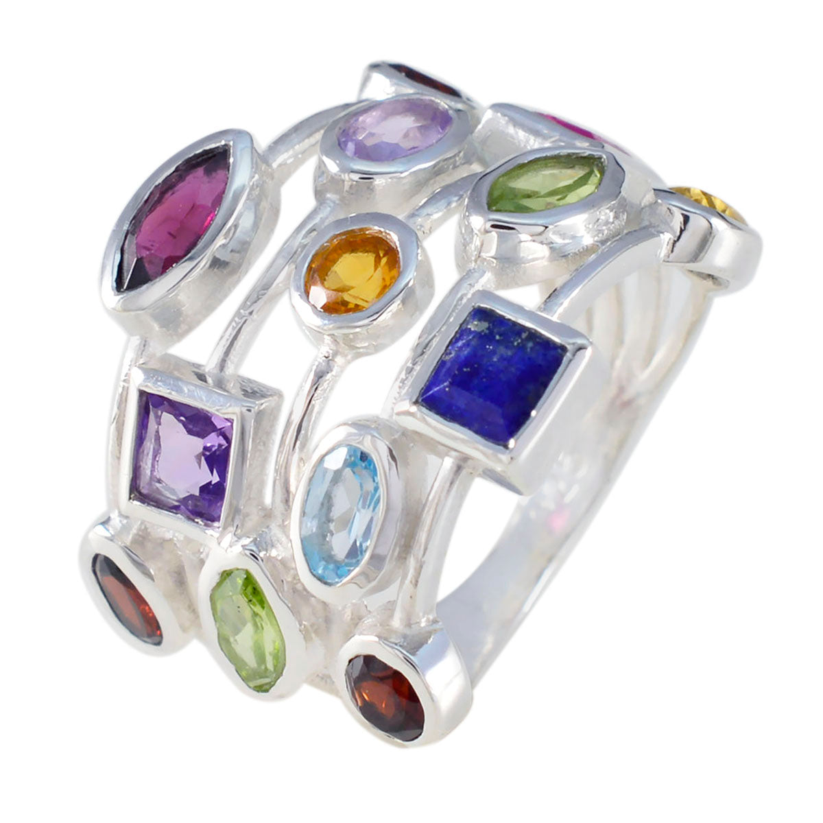 Multi Stone meerdere Duitse zilveren veelkleurige edelstenen opvallende cocktailring sieraden Secundaire afbeelding