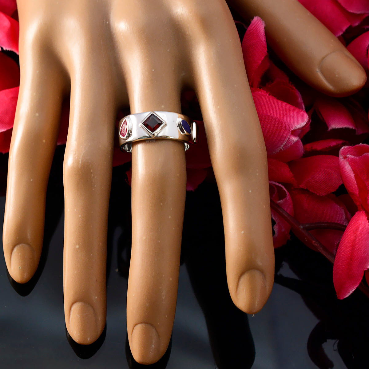 Multi Stone quarter Moroccan 925 Sterling Silver multicolor Gemstone Minimal Abstract Band Jewelry