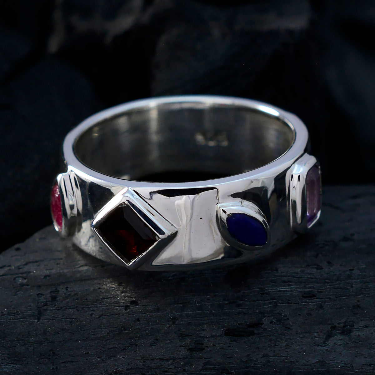 Multi Stone quarter Moroccan 925 Sterling Silver multicolor Gemstone Minimal Abstract Band Jewelry