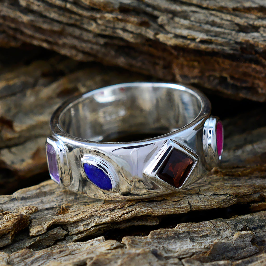 Multi Stone quarter Moroccan 925 Sterling Silver multicolor Gemstone Minimal Abstract Band Jewelry
