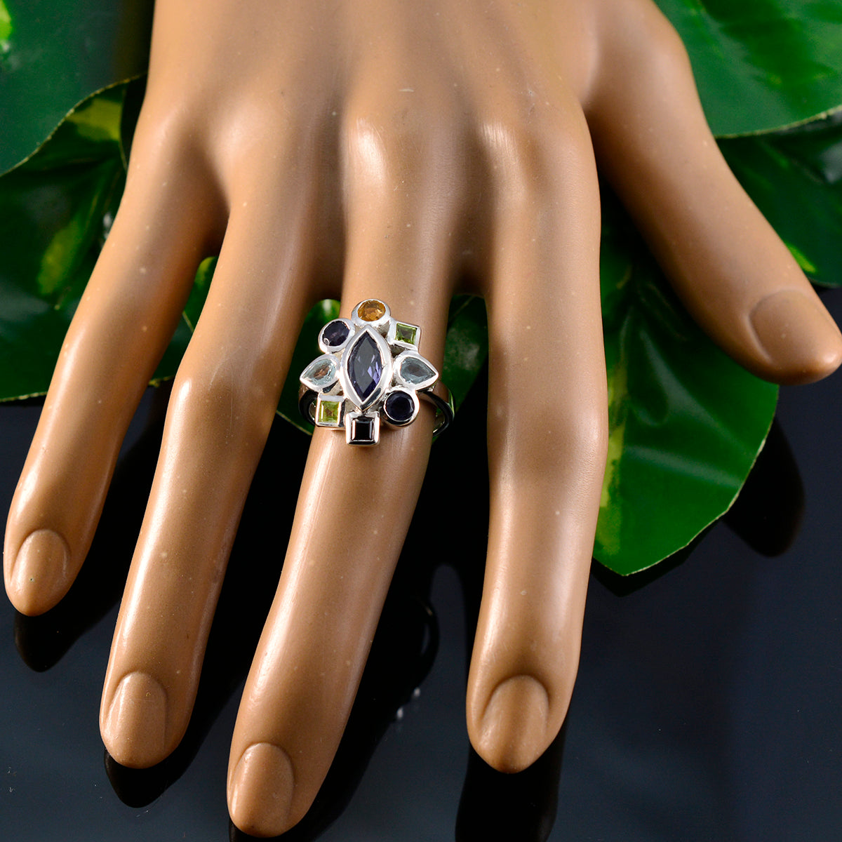 Multi Stone navratna Egyptian 925 Sterling Silver multicolor Gemstones Eye catching Cocktail Ring Jewelry