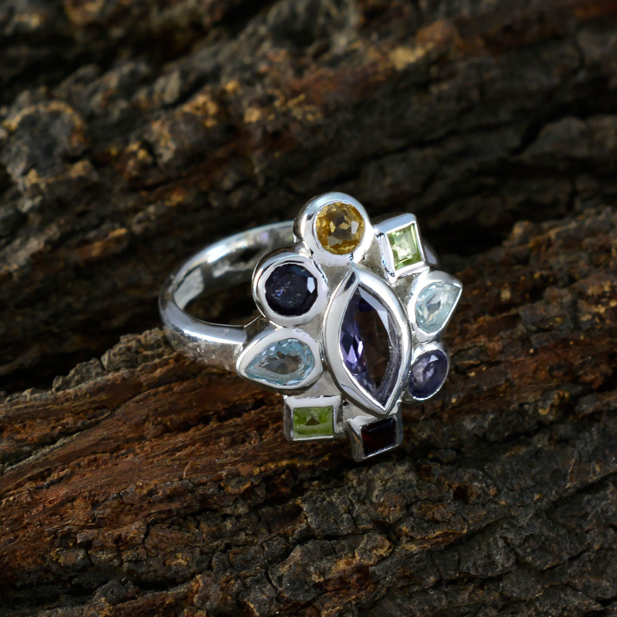 Multi Stone navratna Egyptian 925 Sterling Silver multicolor Gemstones Eye catching Cocktail Ring Jewelry