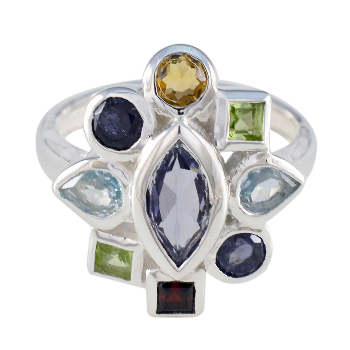 Multi Stone navratna Egyptian 925 Sterling Silver multicolor Gemstones Eye catching Cocktail Ring Jewelry メイン画像