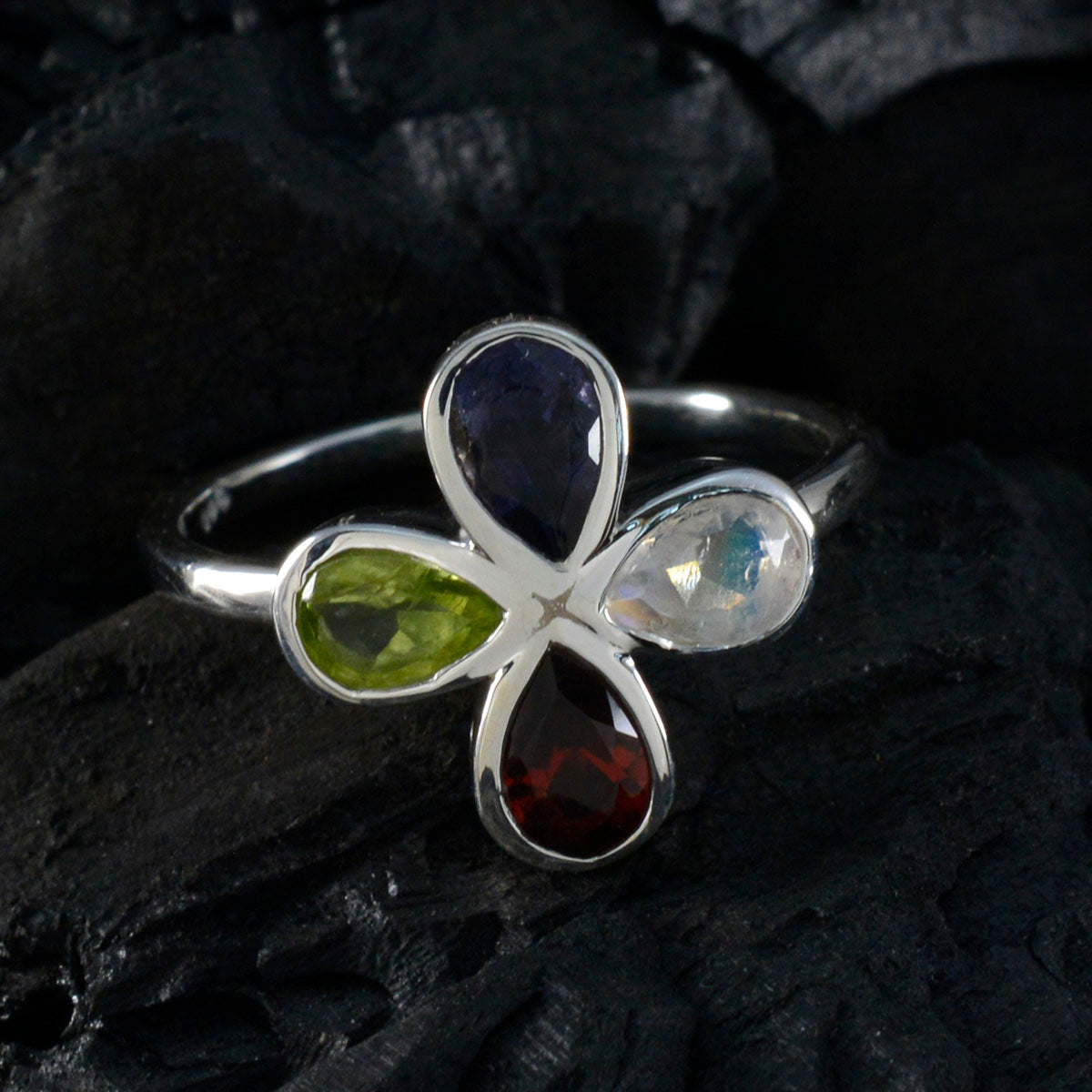Multi Stone quarter Japanese 925 Sterling Silver multicolor Gemstone Dainty Floral Ring Jewelry