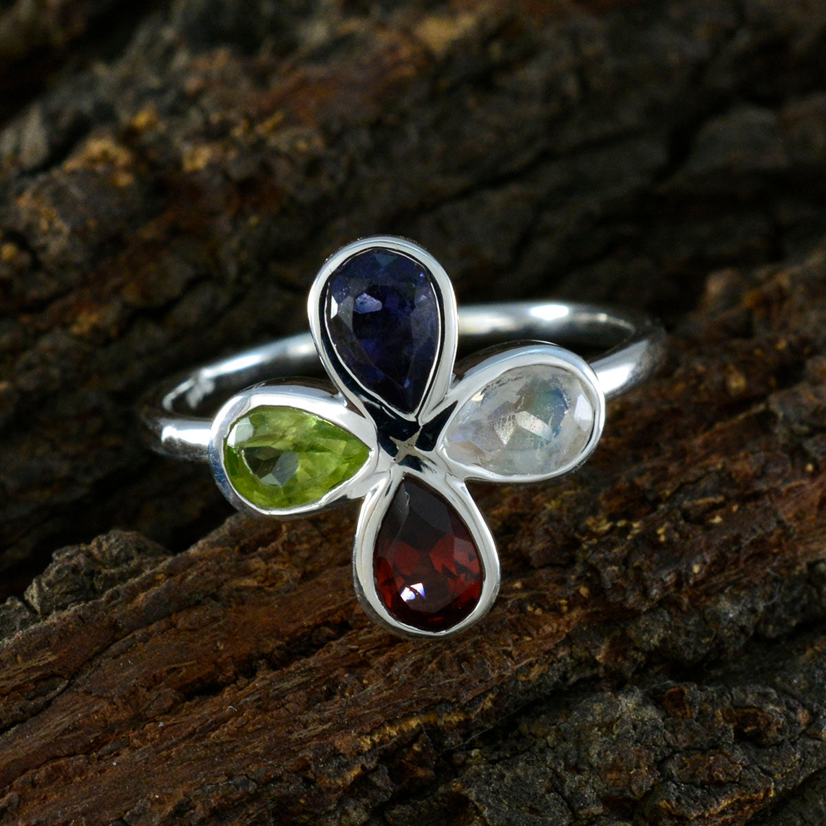 Multi Stone quarter Japanese 925 Sterling Silver multicolor Gemstone Dainty Floral Ring Jewelry