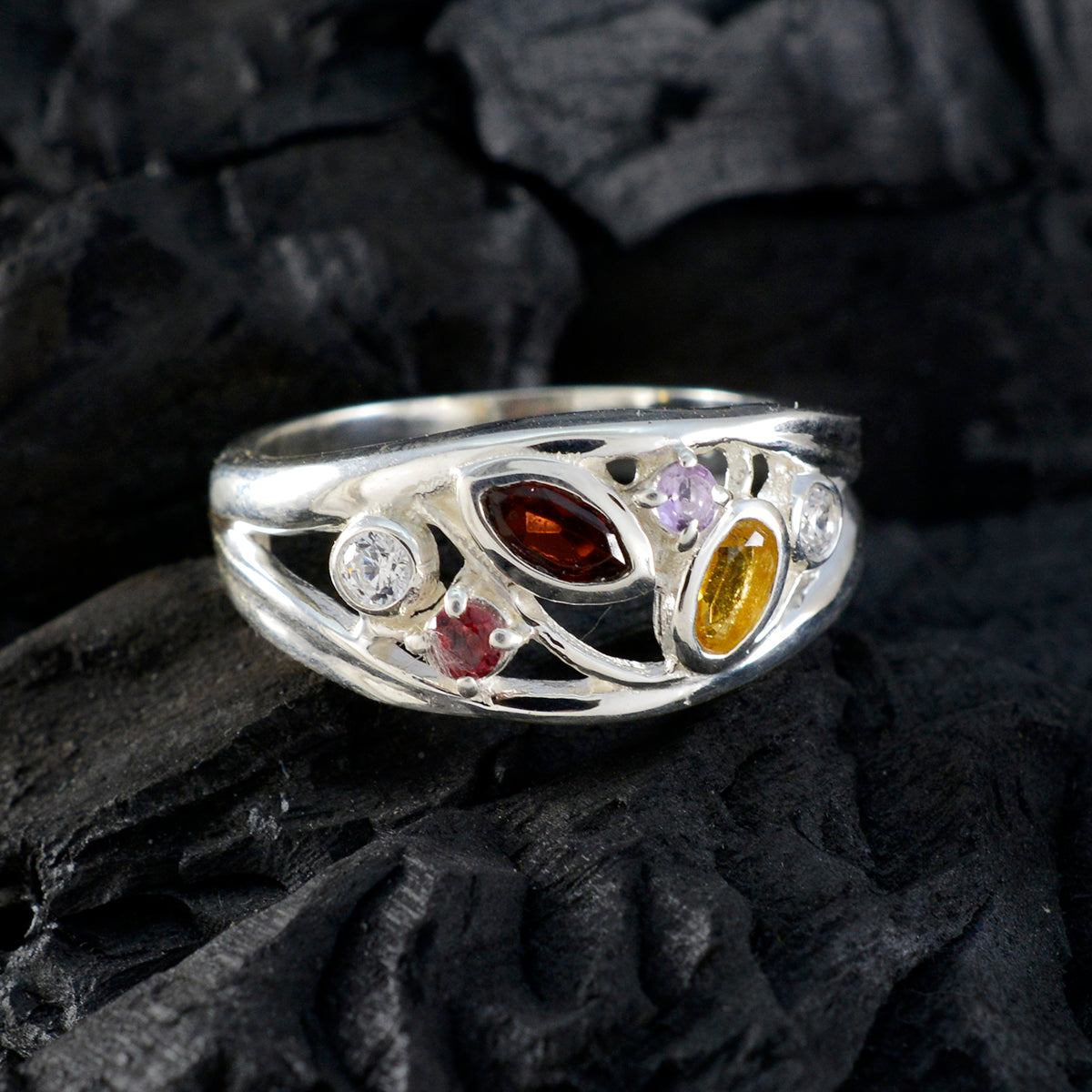 Multi Stone mehrere Französisch 92,5 Silber mehrfarbig Edelstein Winzig Glamouröser Ring Schmuck