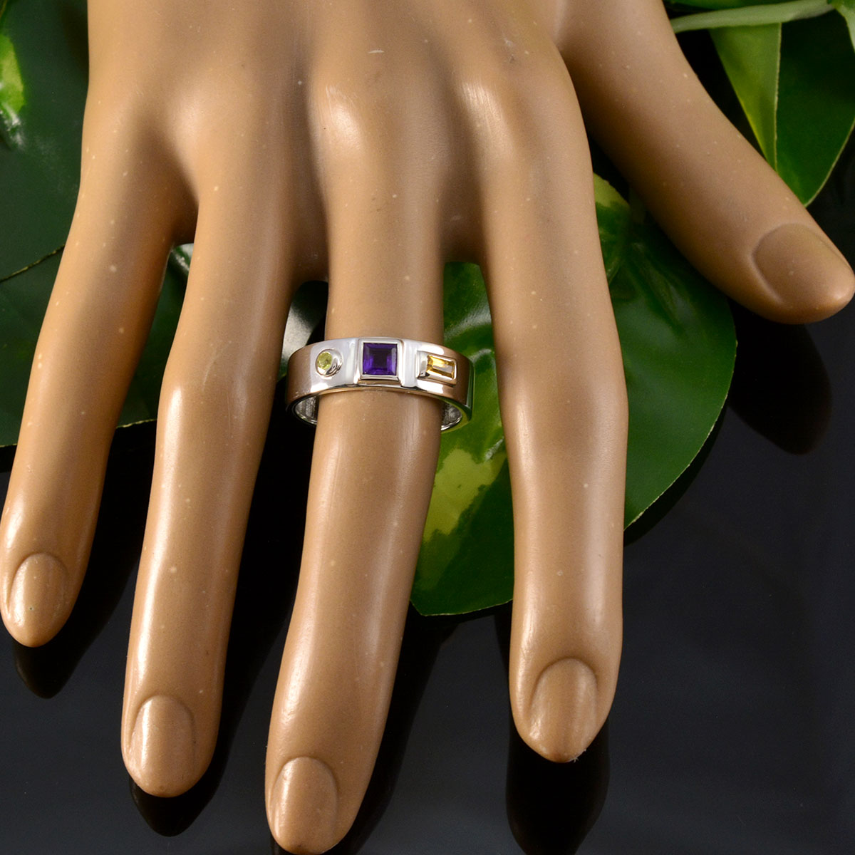 Multi Stone Trilogy Moroccan 925 Sterling Silver multicolor Gems Tiny Abstract Band Jewellery